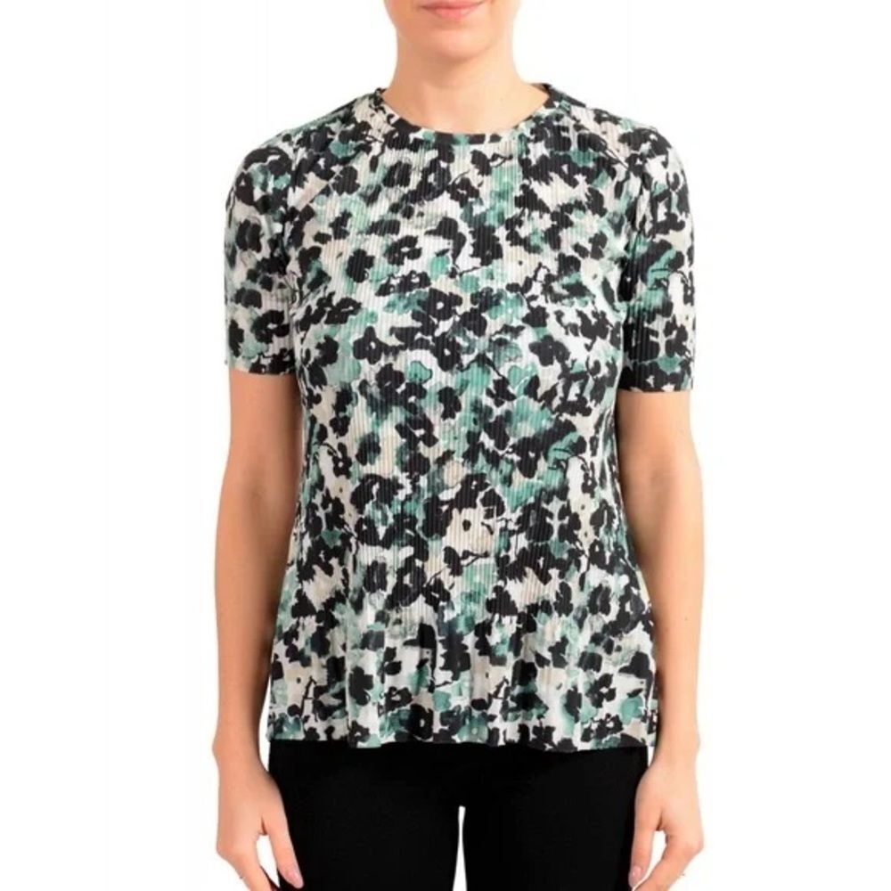 Hugo Boss Etalis Green Floral Stretch Pleated Short Sleeve Top Sz L